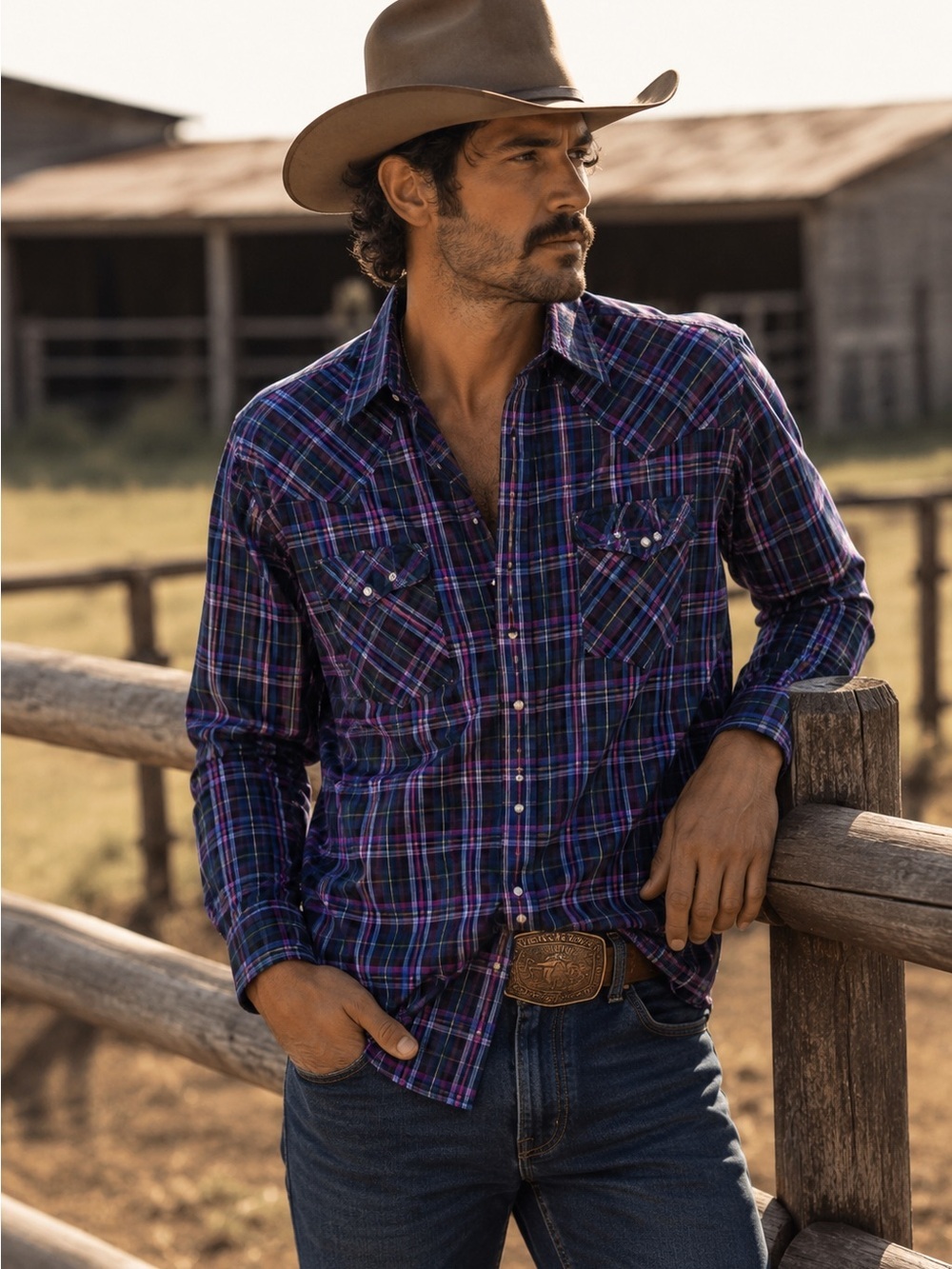 Panhandle Rough Stock Plaid Western Shirt Blue Purple XXL Pearl Snap Cowboy